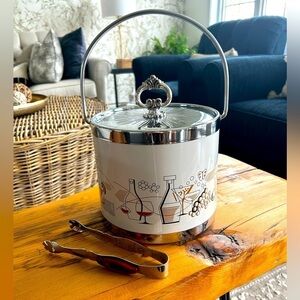 Vintage, MCM, ice buckets, and tongs with great bar inspired pattern